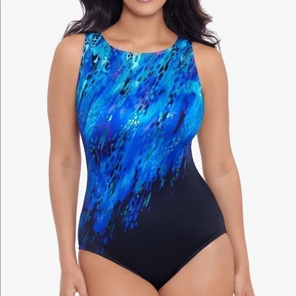 Swim Solutions Blue Panel High Neck Tummy-Control Long Torso One-Piece Swimsuit